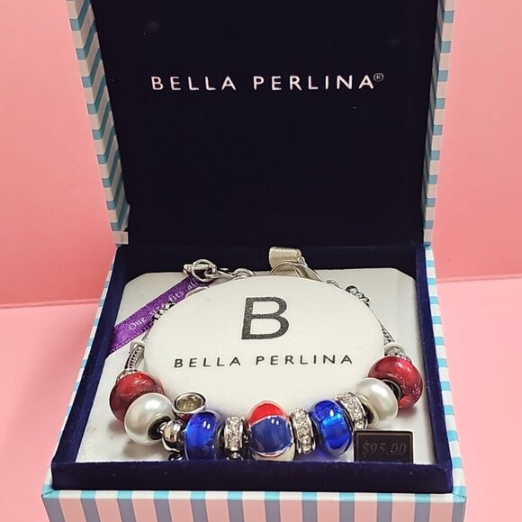 BELLA PERLINA Charm Bracelet Red White Blue Glass Beads pearls w/ Eagle Charm - Picture 1 of 9